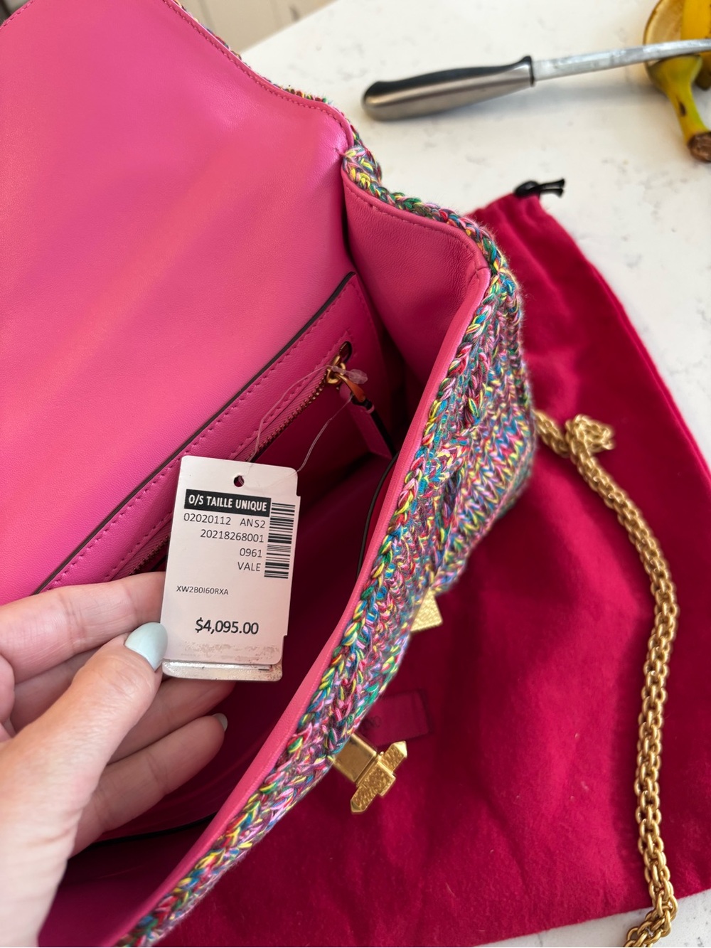 Valentino Multicolor Knit Shoulder Bag with Pink Top Handle and Gold Hardware - Picture 6 of 9